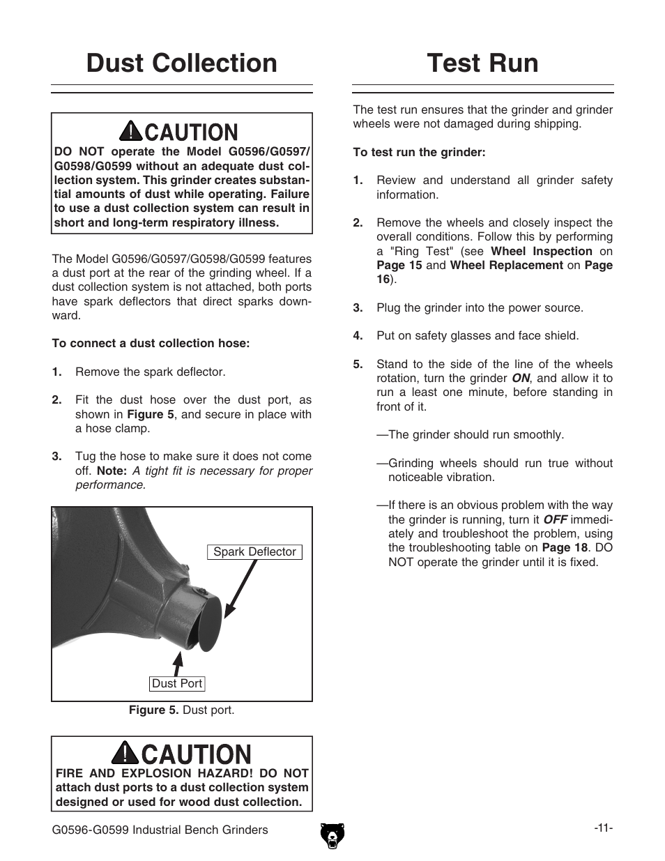 Dust collection, Test run | Grizzly G0599 User Manual | Page 13 / 32