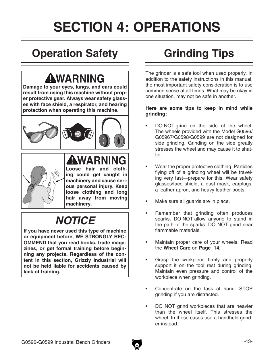 Grinding tips operation safety, Notice | Grizzly G0599 User Manual | Page 15 / 32