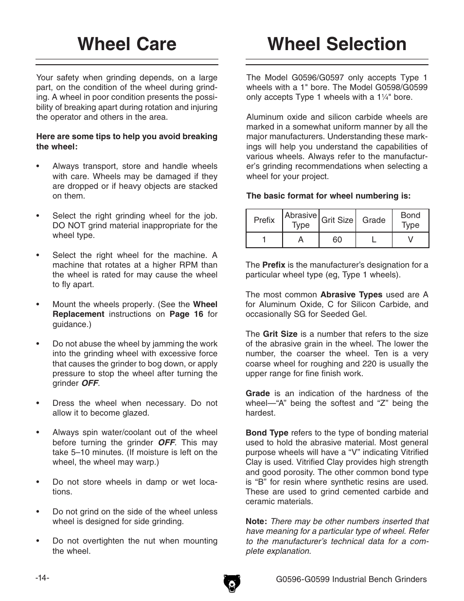 Wheel care, Wheel selection | Grizzly G0599 User Manual | Page 16 / 32