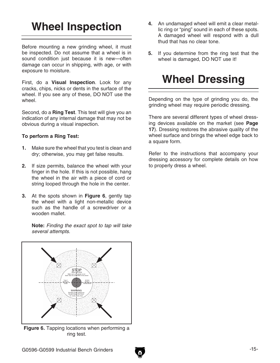 Wheel inspection, Wheel dressing | Grizzly G0599 User Manual | Page 17 / 32