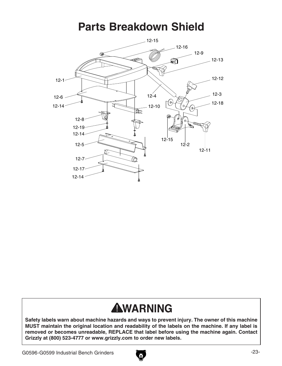 Parts breakdown shield | Grizzly G0599 User Manual | Page 25 / 32