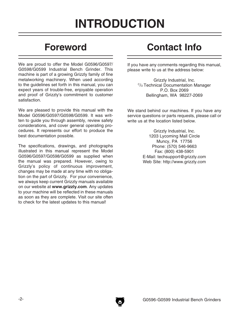Introduction, Foreword, Contact info | Grizzly G0599 User Manual | Page 4 / 32
