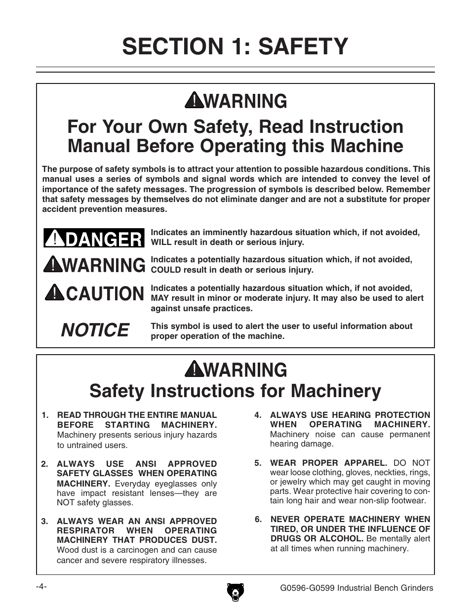 Notice safety instructions for machinery | Grizzly G0599 User Manual | Page 6 / 32