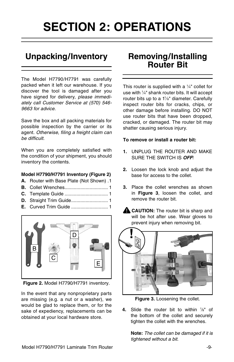 Removing/installing router bit, Unpacking/inventory, Cd e | Grizzly H7791 User Manual | Page 11 / 24