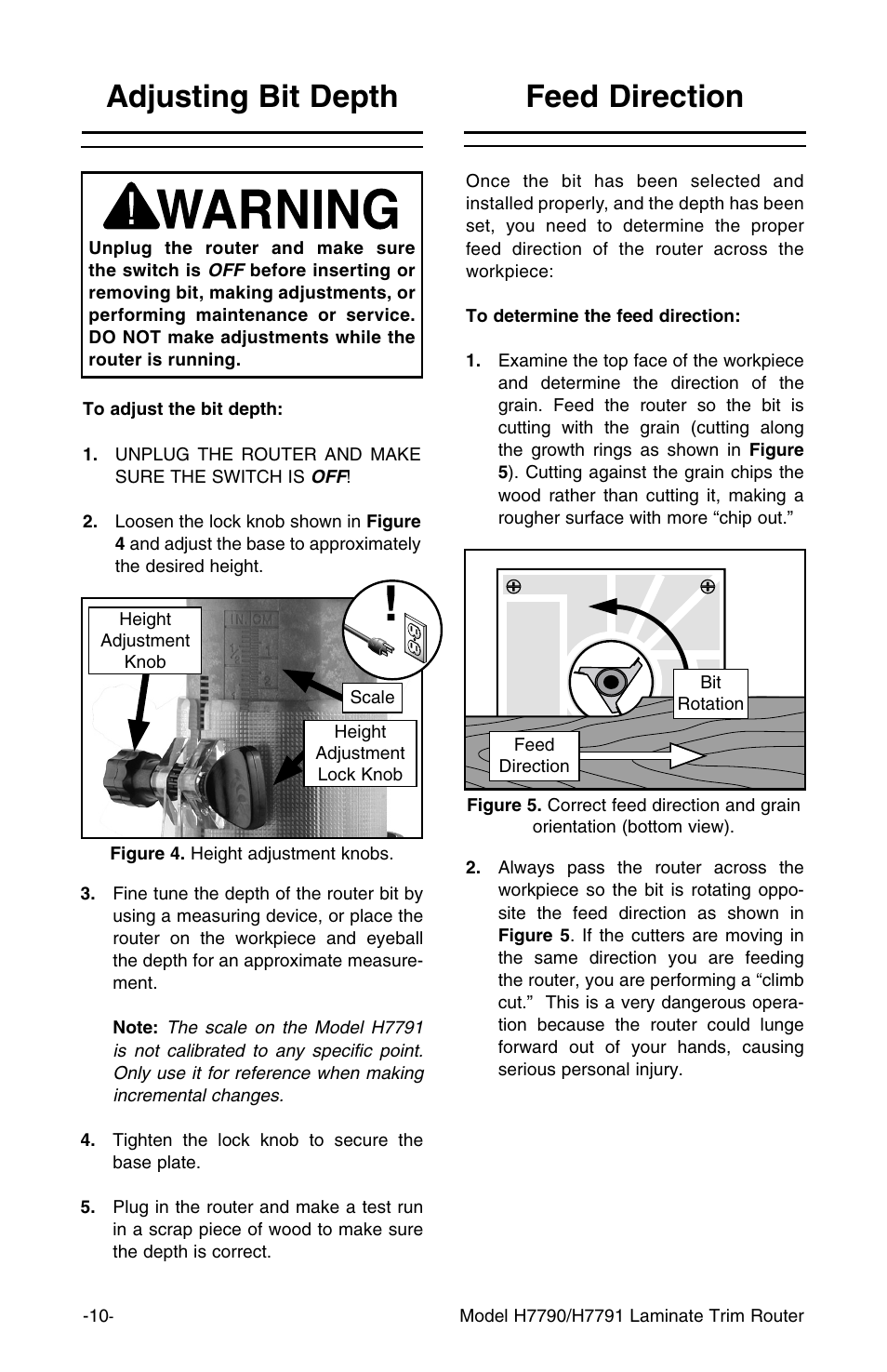 Adjusting bit depth, Feed direction | Grizzly H7791 User Manual | Page 12 / 24