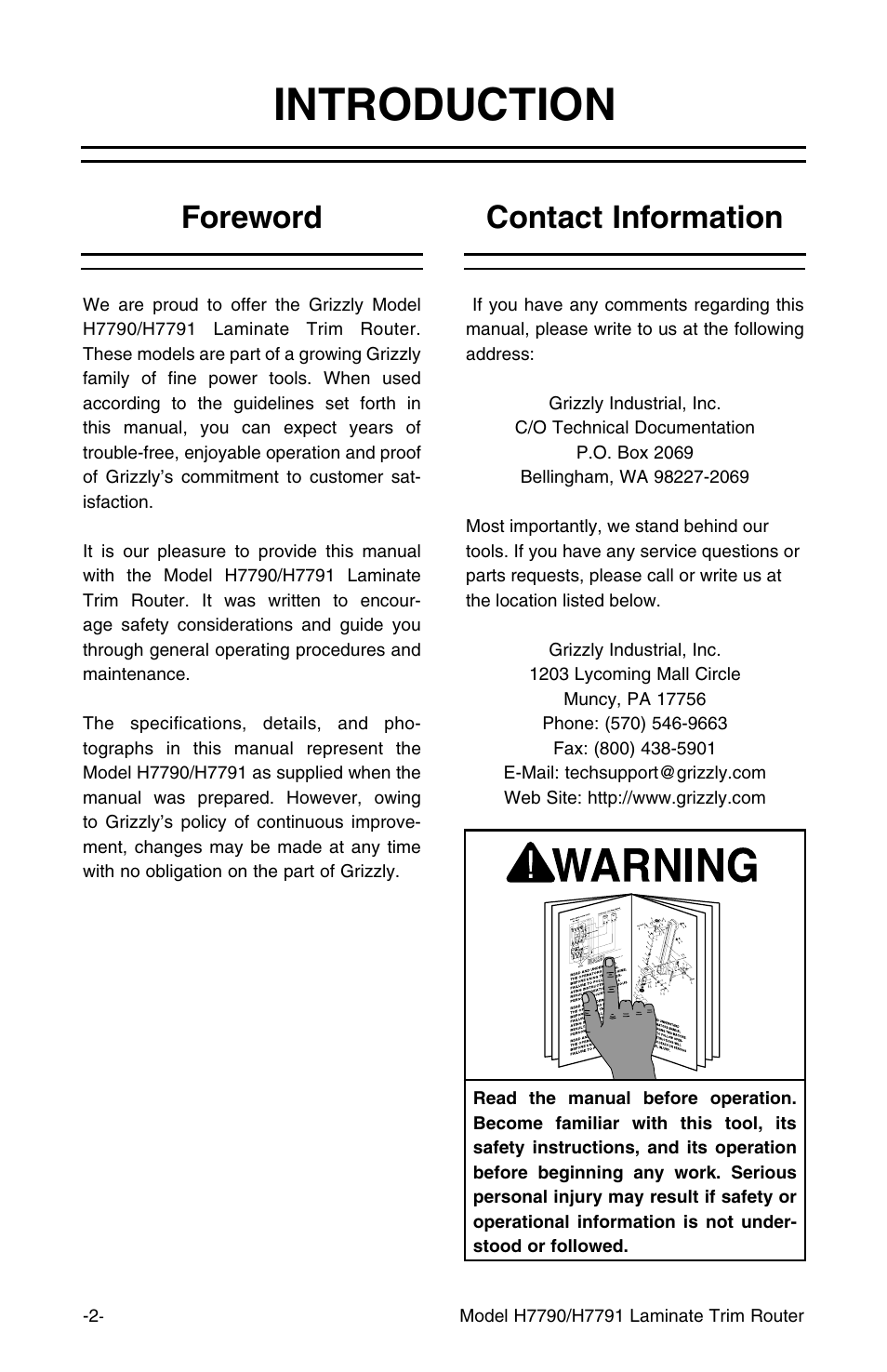Introduction, Foreword contact information | Grizzly H7791 User Manual | Page 4 / 24