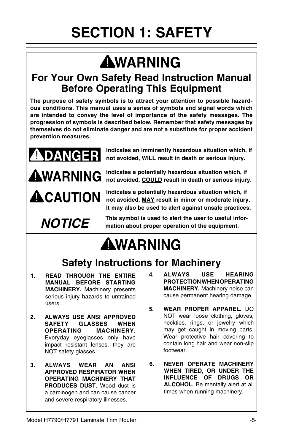 Notice, Safety instructions for machinery | Grizzly H7791 User Manual | Page 7 / 24