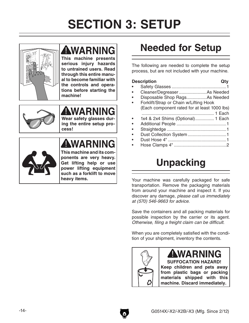 Needed for setup, Unpacking | Grizzly Extreme Series Bandsaw G0514X User Manual | Page 16 / 96