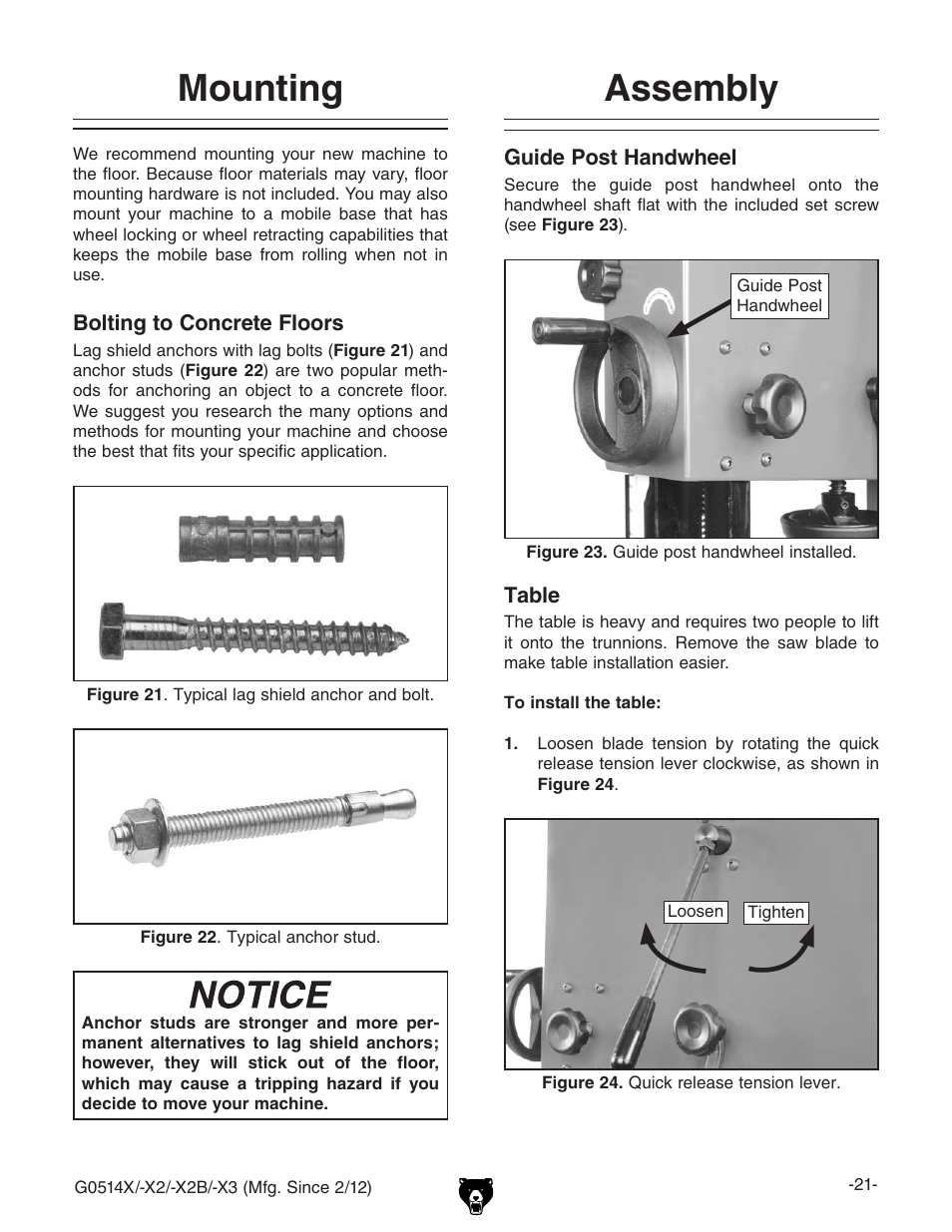 Mounting, Assembly | Grizzly Extreme Series Bandsaw G0514X User Manual | Page 23 / 96