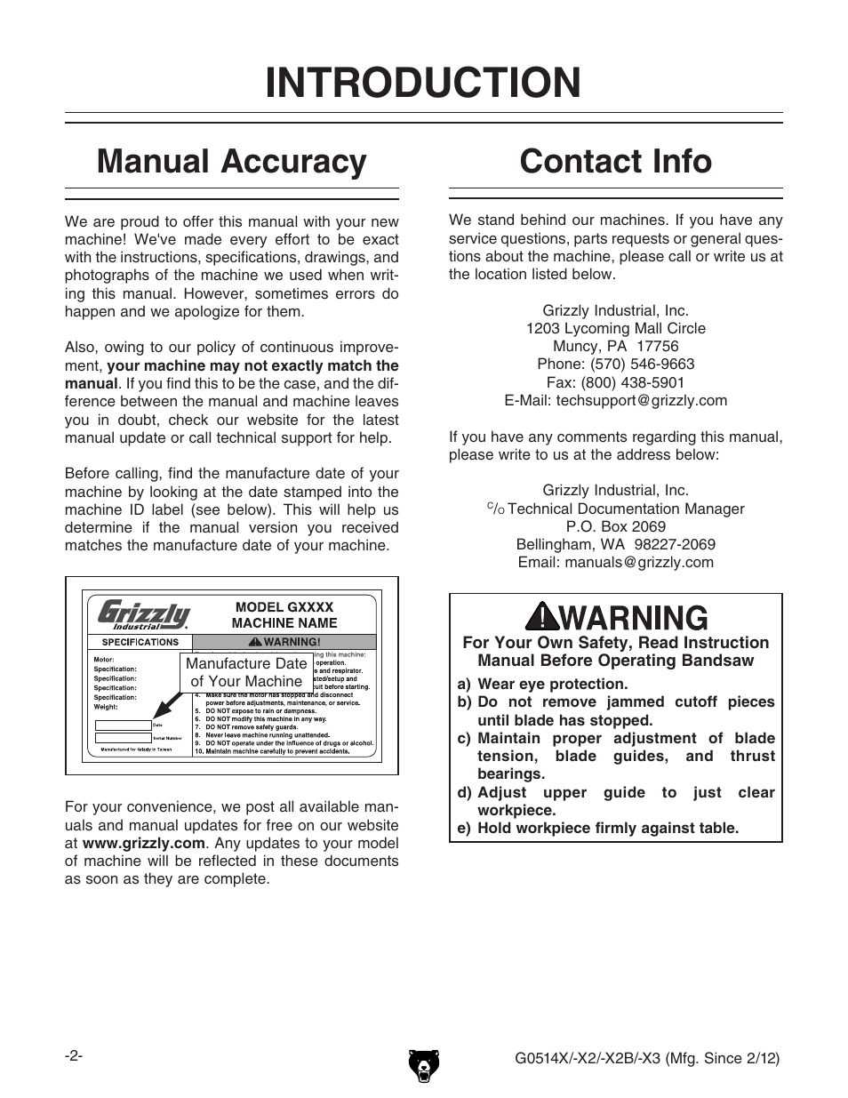 Introduction, Contact info manual accuracy | Grizzly Extreme Series Bandsaw G0514X User Manual | Page 4 / 96