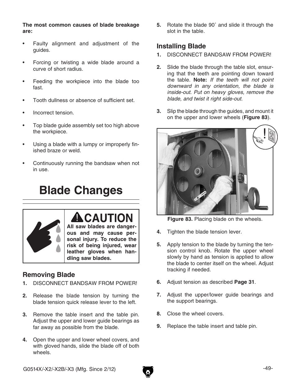 Blade changes, Installing blade, Removing blade | Grizzly Extreme Series Bandsaw G0514X User Manual | Page 51 / 96