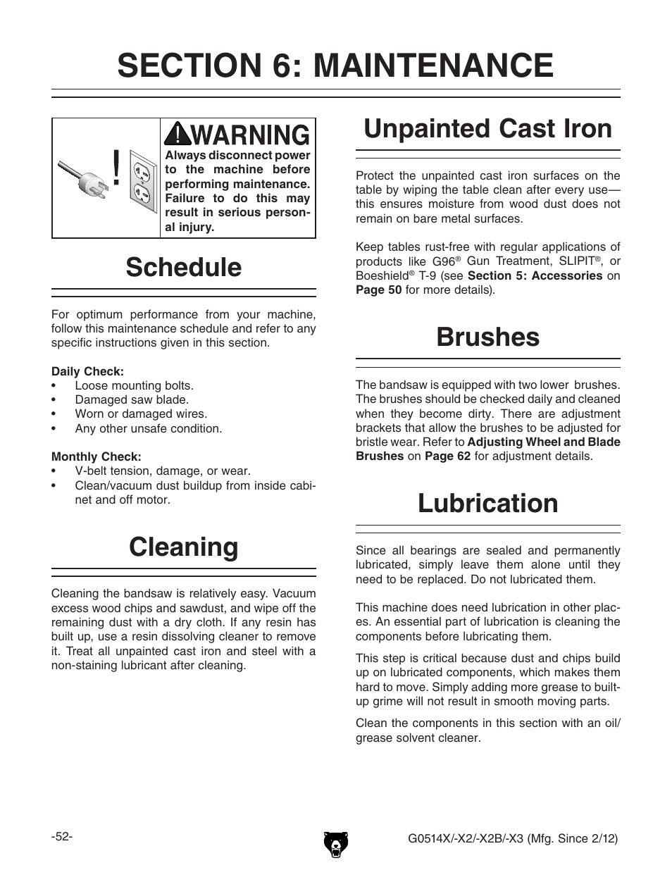 Schedule, Cleaning, Unpainted cast iron | Brushes, Lubrication | Grizzly Extreme Series Bandsaw G0514X User Manual | Page 54 / 96