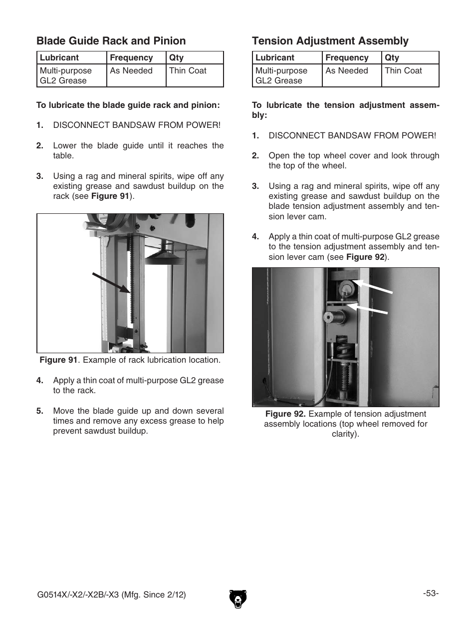 Blade guide rack and pinion, Tension adjustment assembly | Grizzly Extreme Series Bandsaw G0514X User Manual | Page 55 / 96