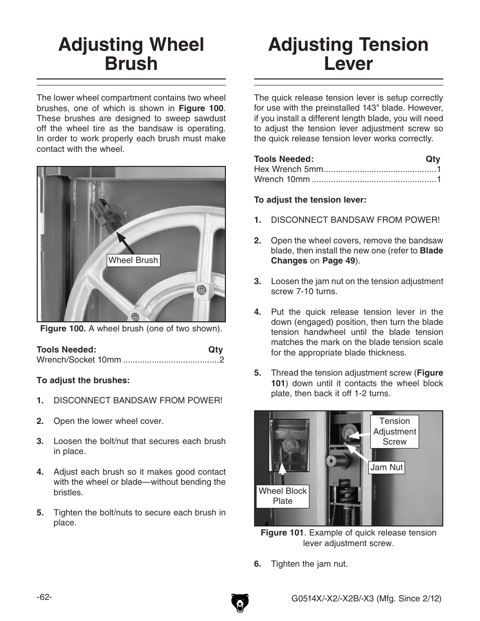 Adjusting tension lever, Adjusting wheel brush | Grizzly Extreme Series Bandsaw G0514X User Manual | Page 64 / 96