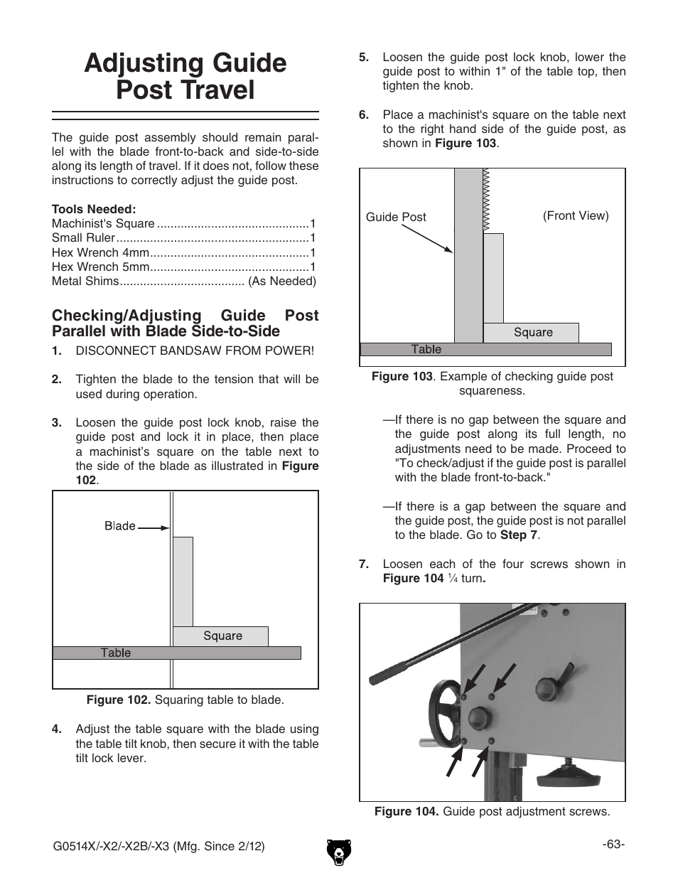 Adjusting guide post travel | Grizzly Extreme Series Bandsaw G0514X User Manual | Page 65 / 96