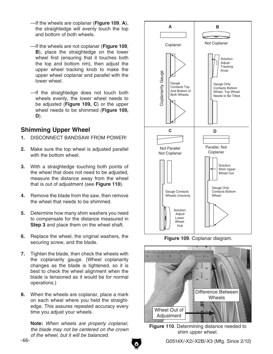 Shimming upper wheel | Grizzly Extreme Series Bandsaw G0514X User Manual | Page 68 / 96