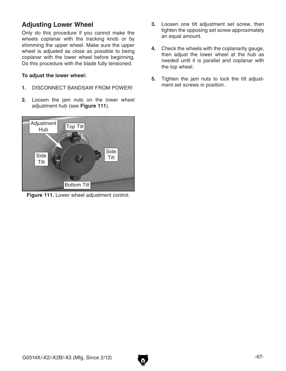 Adjusting lower wheel | Grizzly Extreme Series Bandsaw G0514X User Manual | Page 69 / 96