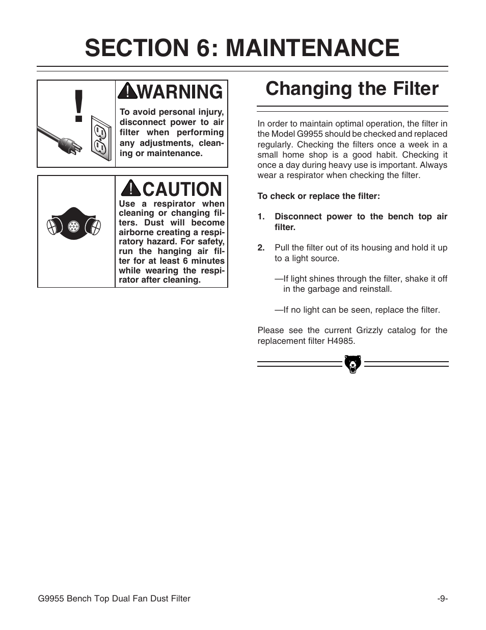 Changing the filter | Grizzly G9955 User Manual | Page 11 / 20