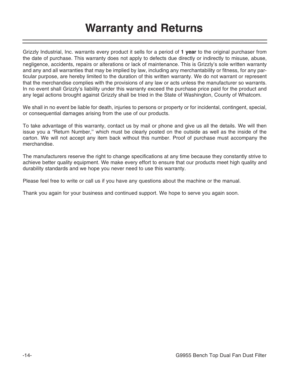 Warranty and returns | Grizzly G9955 User Manual | Page 16 / 20