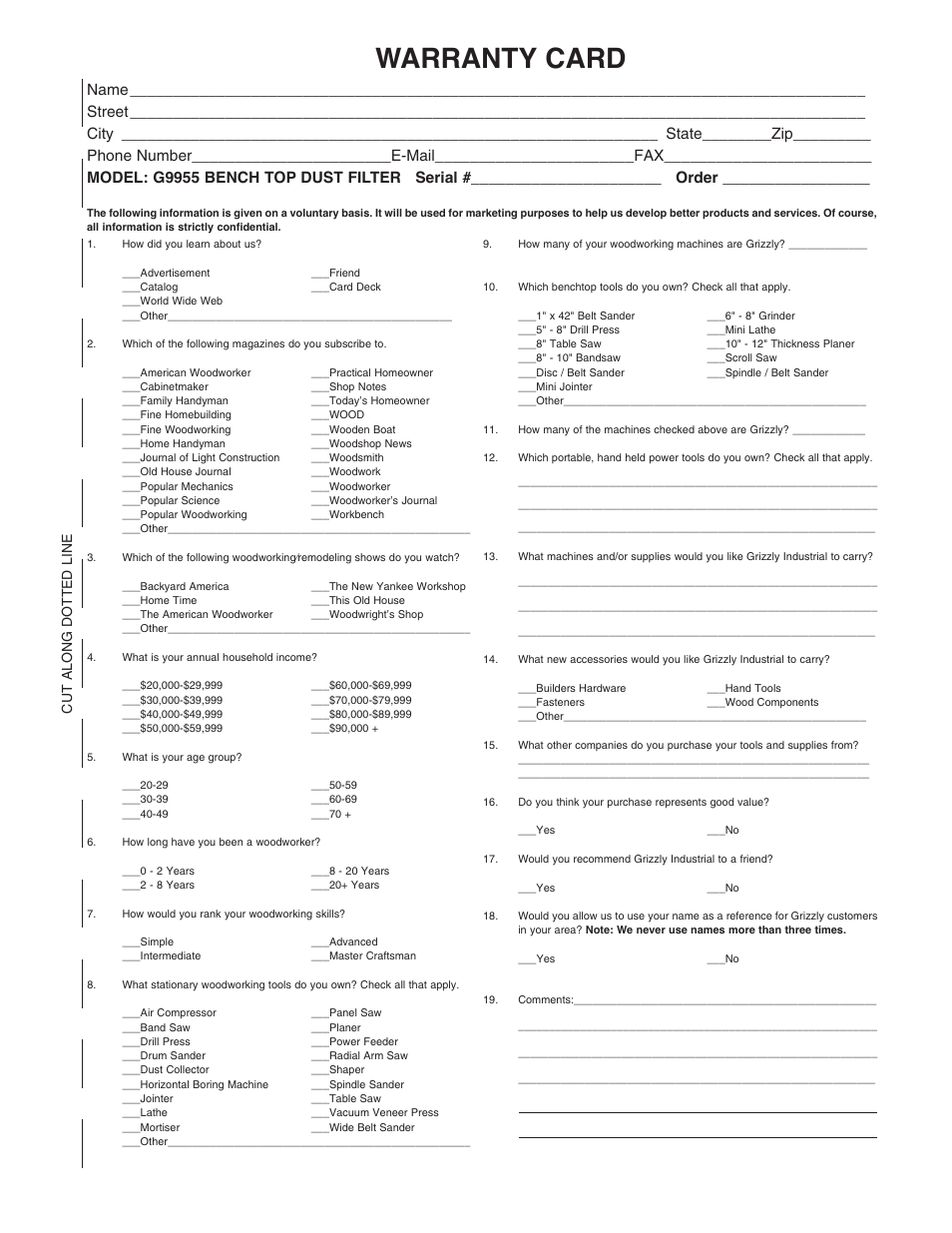 Warranty card, Cut along dotted line | Grizzly G9955 User Manual | Page 17 / 20