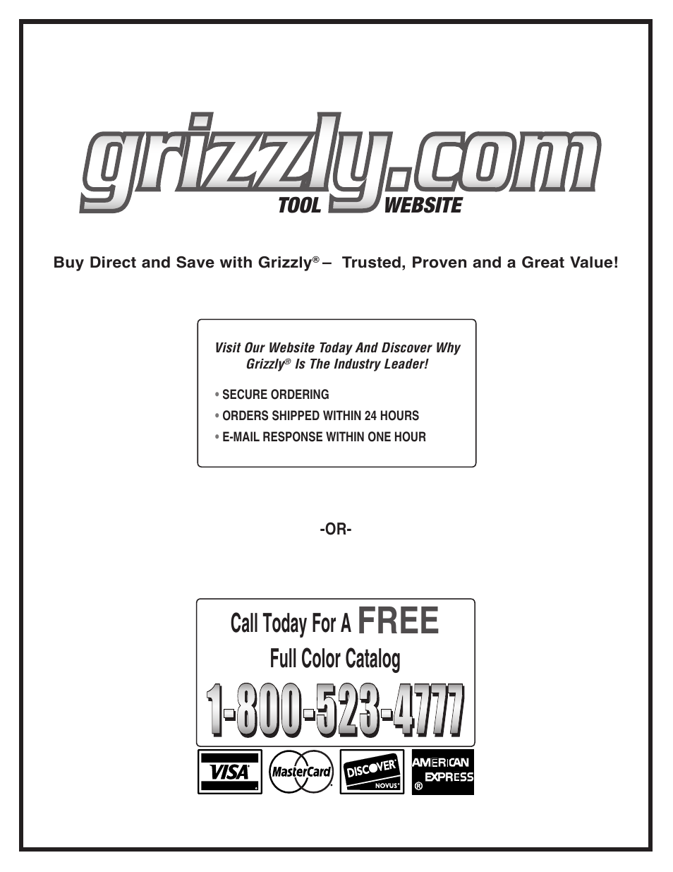 Free, Call today for a, Full color catalog | Tool website | Grizzly G9955 User Manual | Page 20 / 20