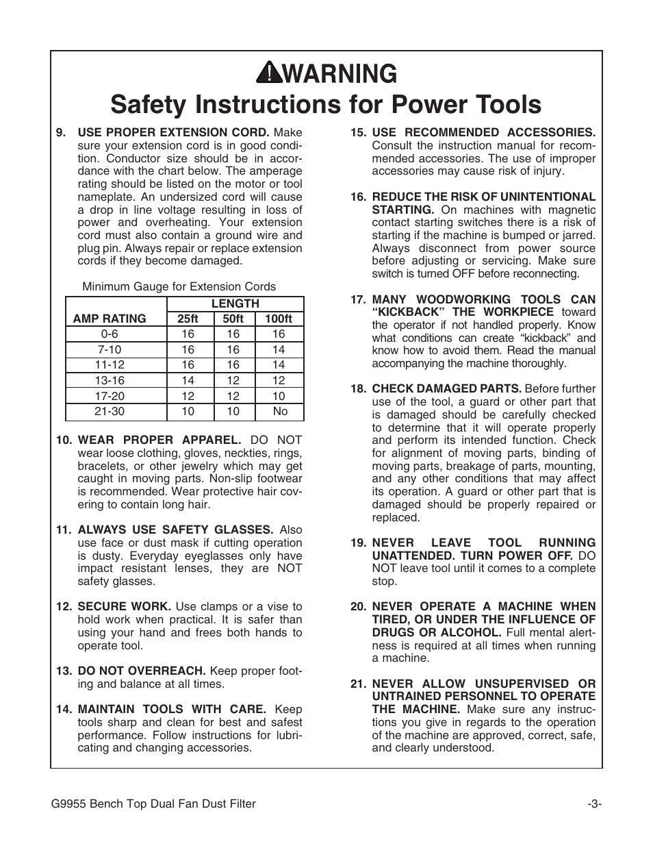 Safety instructions for power tools | Grizzly G9955 User Manual | Page 5 / 20