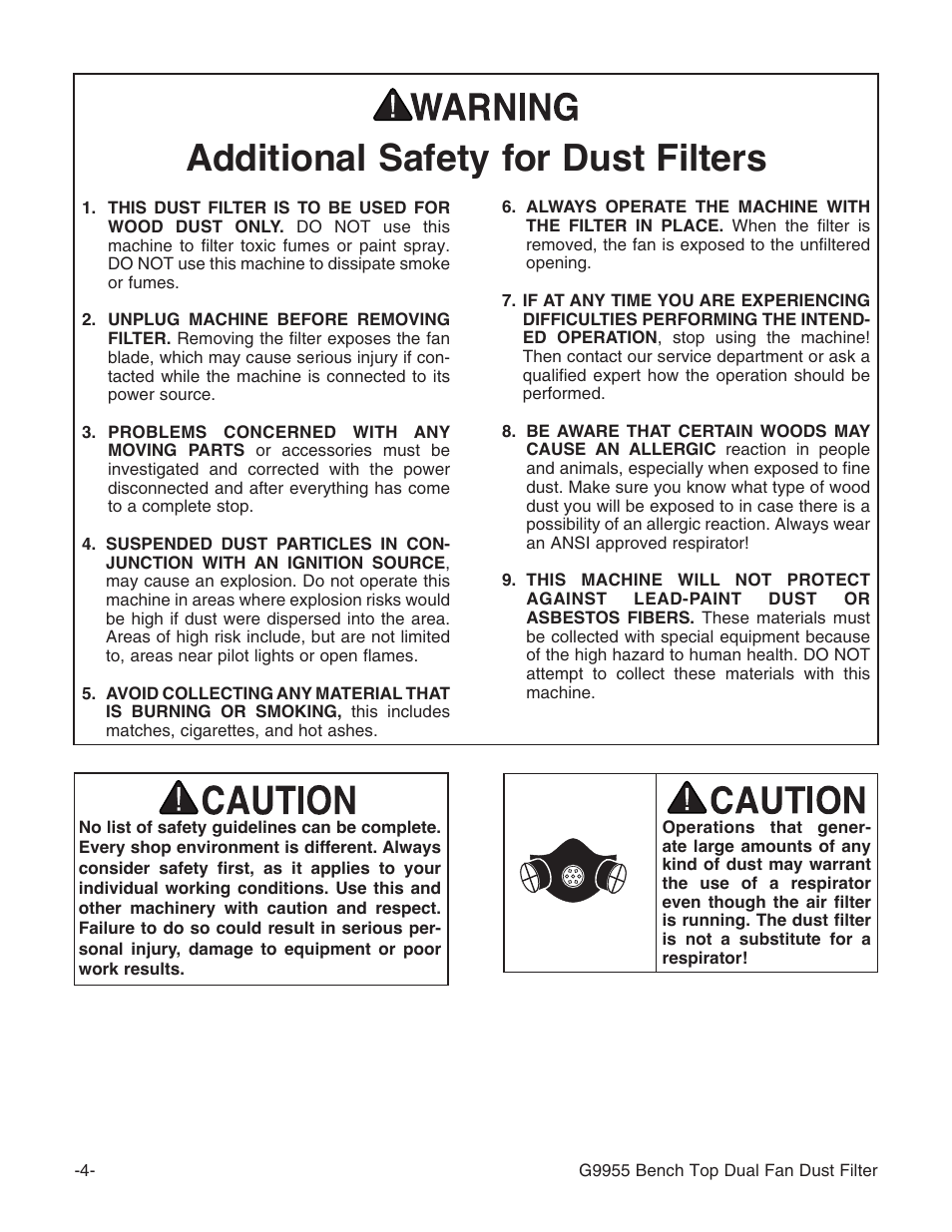 Additional safety for dust filters | Grizzly G9955 User Manual | Page 6 / 20