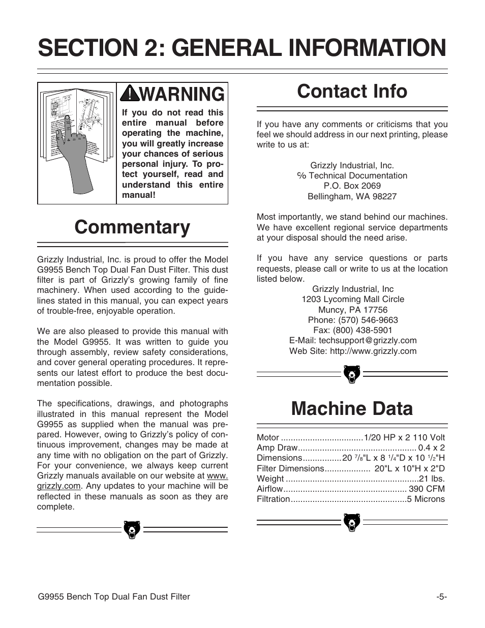 Machine data, Commentary, Contact info | Grizzly G9955 User Manual | Page 7 / 20