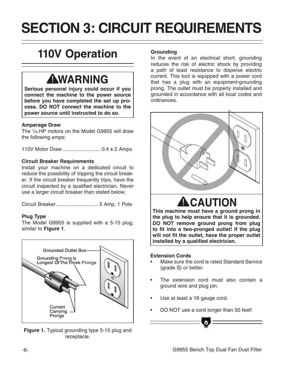 110v operation | Grizzly G9955 User Manual | Page 8 / 20