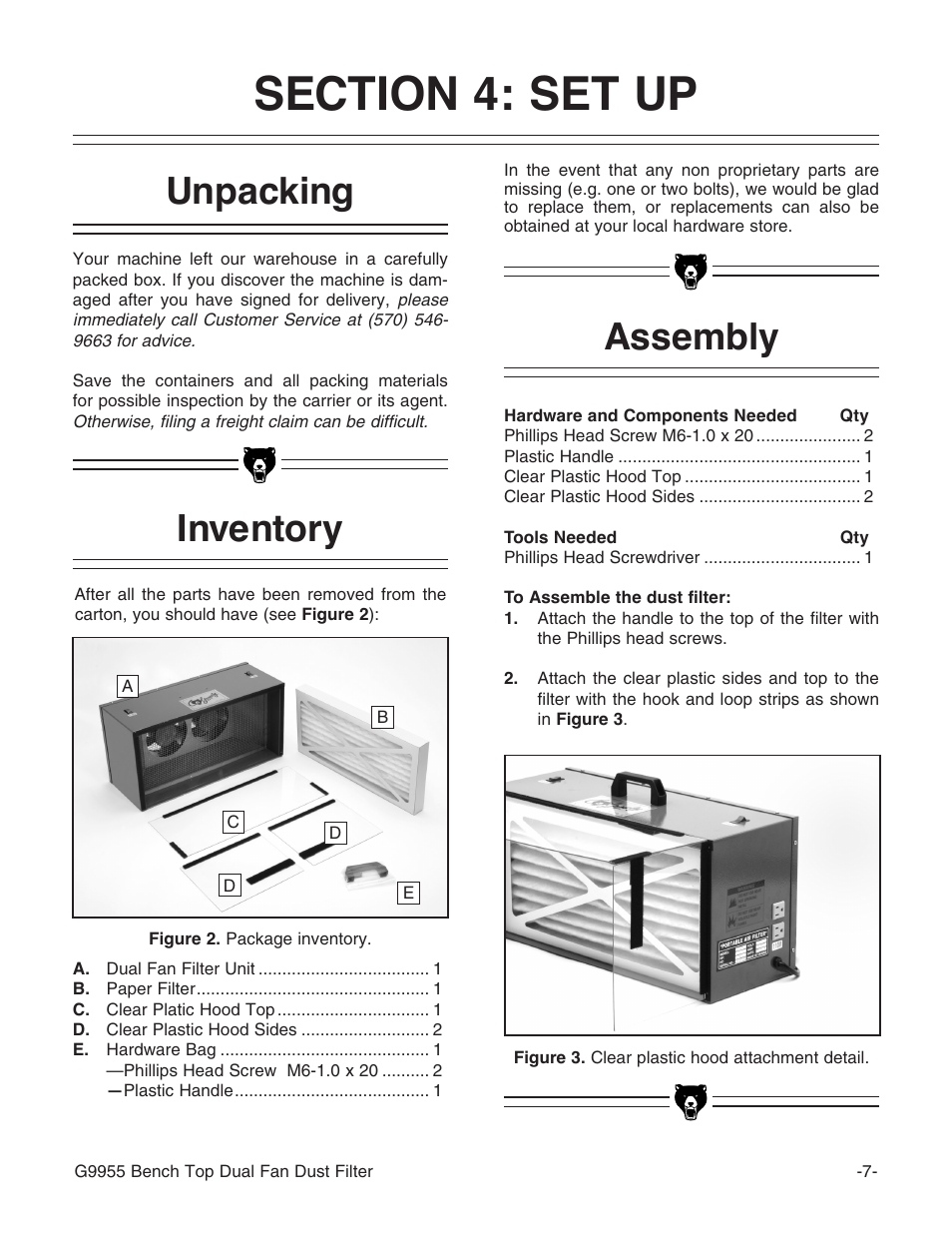 Unpacking, Inventory assembly | Grizzly G9955 User Manual | Page 9 / 20