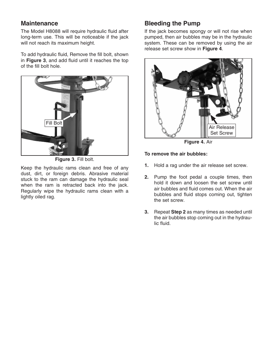 Maintenance, Bleeding the pump | Grizzly H8088 User Manual | Page 2 / 4