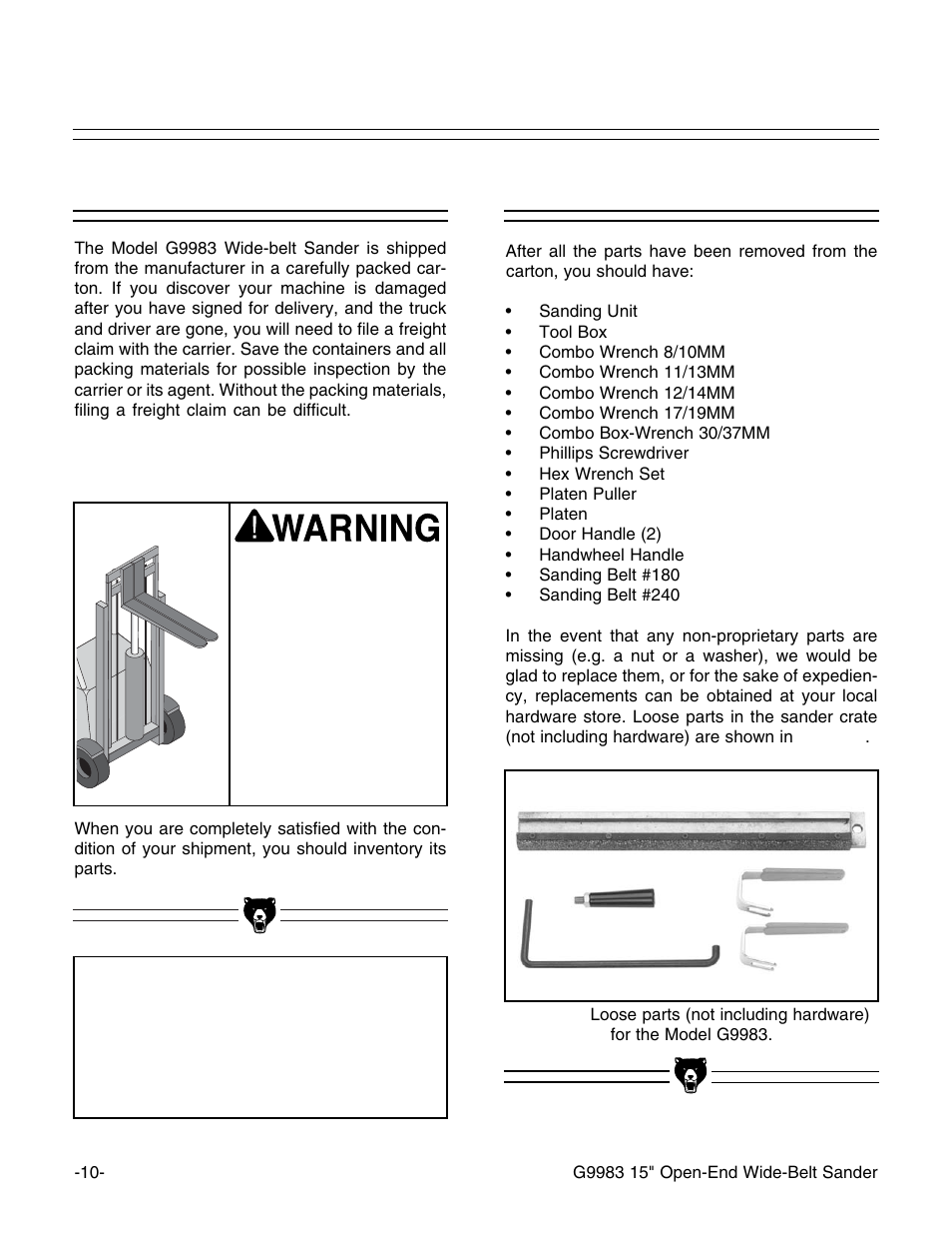 Unpacking, Piece inventory, Notice | Grizzly G9983 User Manual | Page 12 / 60