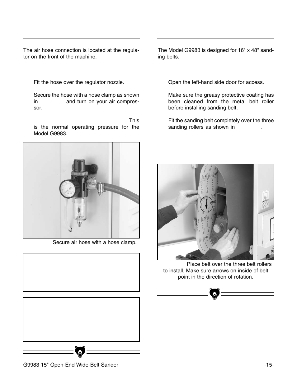 Air hose, Notice, Sanding belt | Grizzly G9983 User Manual | Page 17 / 60