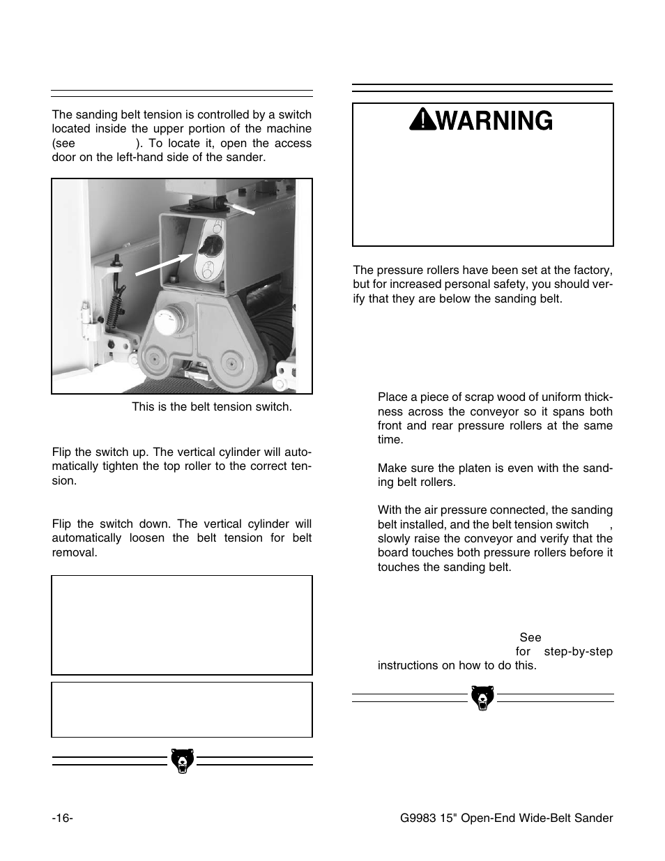 Pressure rollers, Sanding belt tension, Notice | Grizzly G9983 User Manual | Page 18 / 60