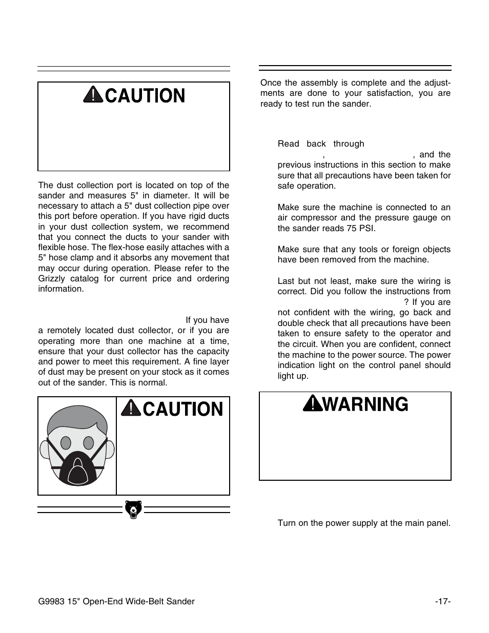 Dust collection, Test run | Grizzly G9983 User Manual | Page 19 / 60