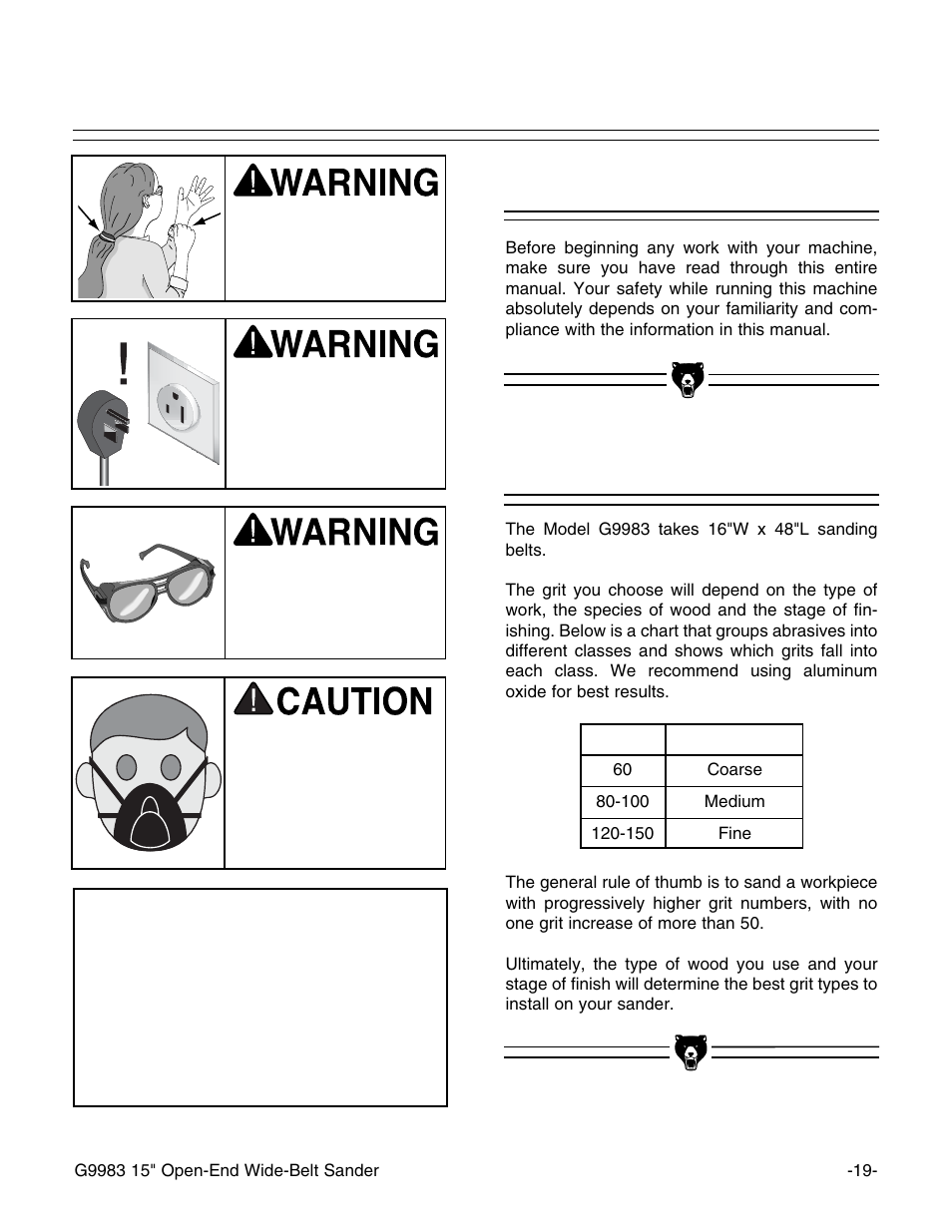 Before starting, Choosing sandpaper, Notice | Grizzly G9983 User Manual | Page 21 / 60