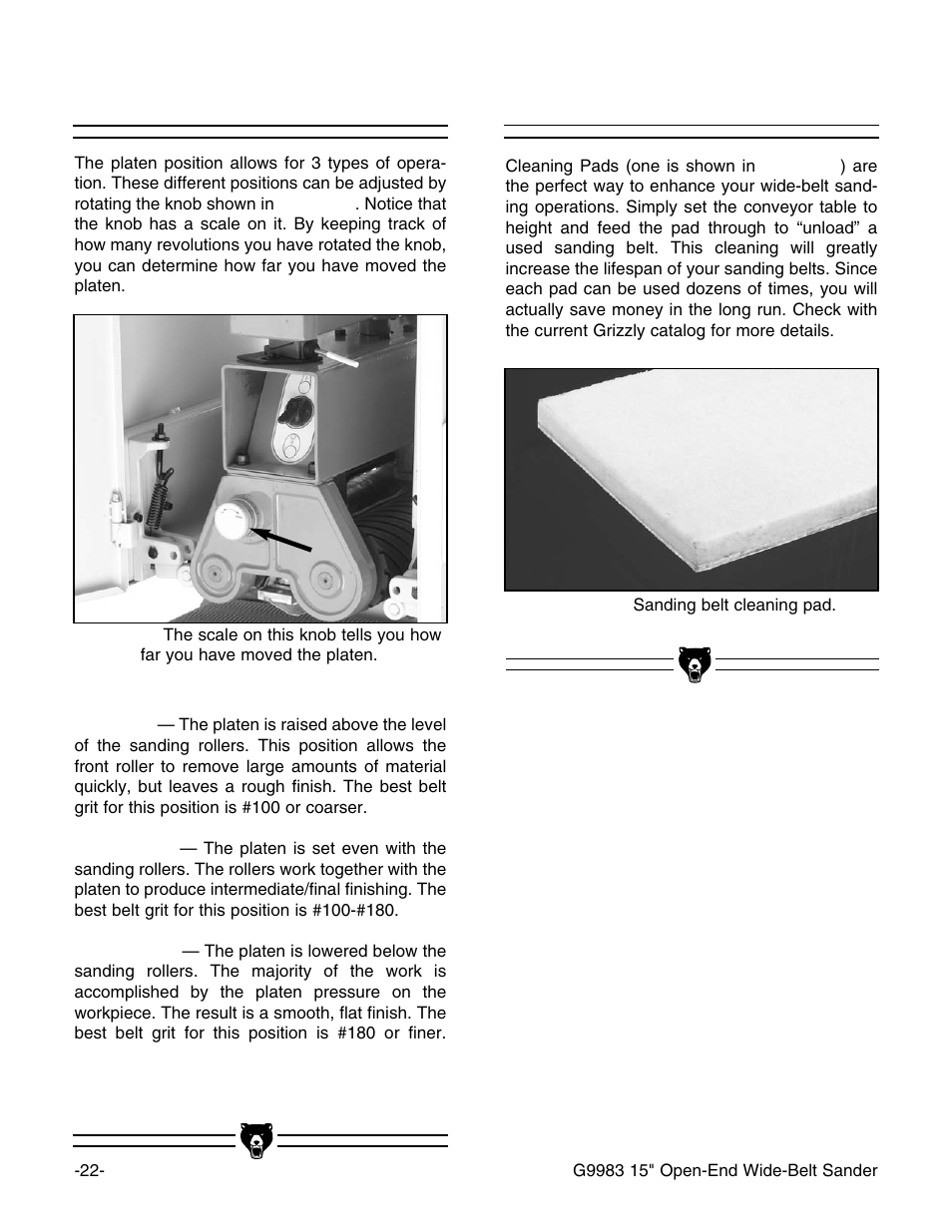 Cleaning pads, Platen depth | Grizzly G9983 User Manual | Page 24 / 60