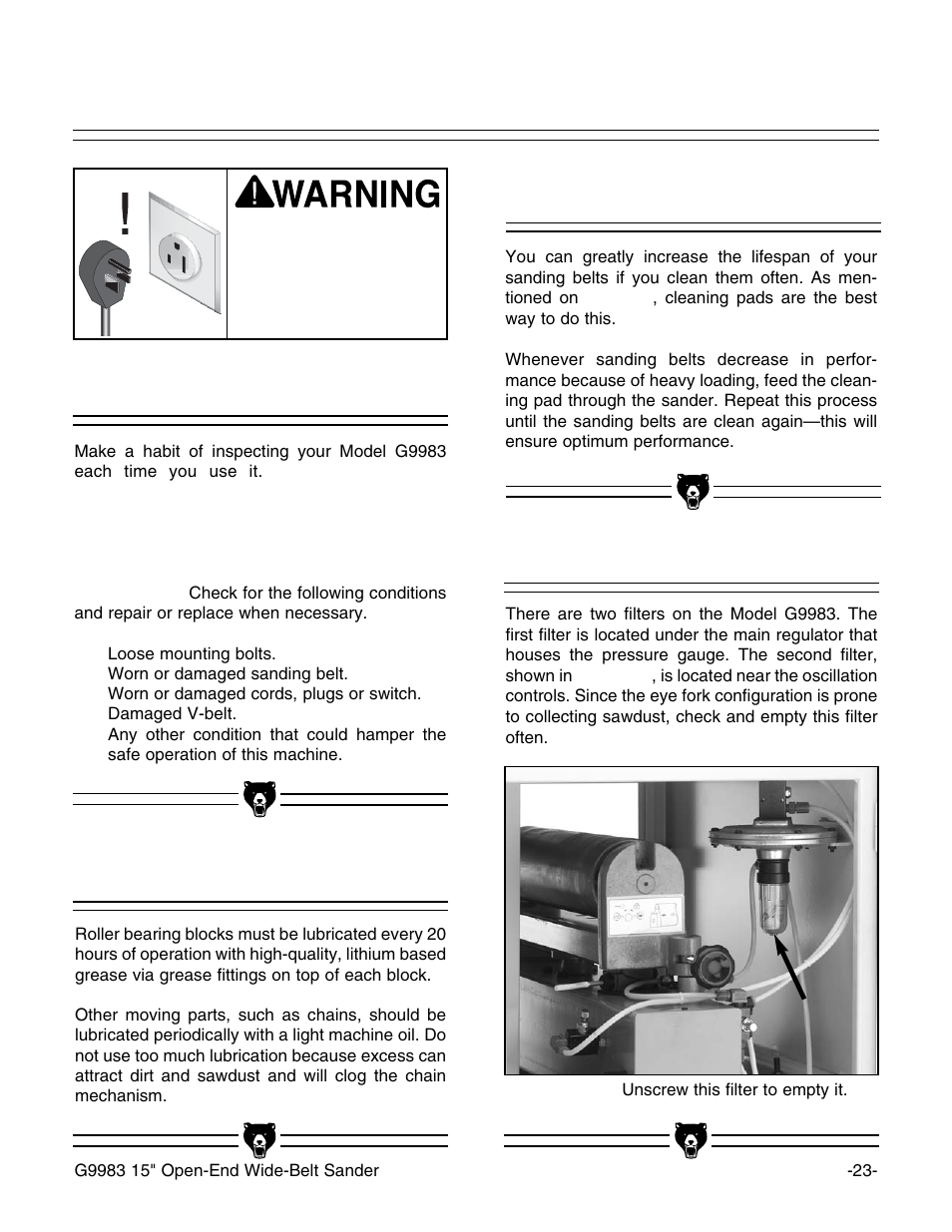 General lubrication, Cleaning sanding belts, Emptying filters | Grizzly G9983 User Manual | Page 25 / 60