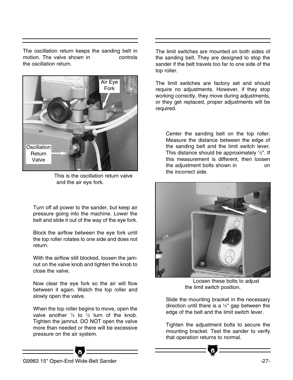 Oscillation return, Limit switches | Grizzly G9983 User Manual | Page 29 / 60