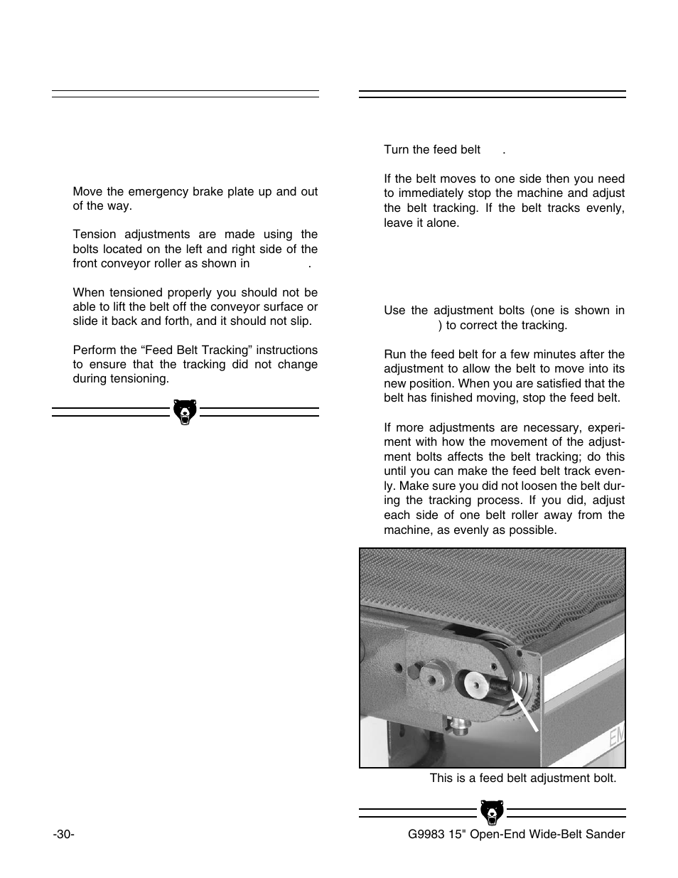 Feed belt tracking, Feed belt tension | Grizzly G9983 User Manual | Page 32 / 60