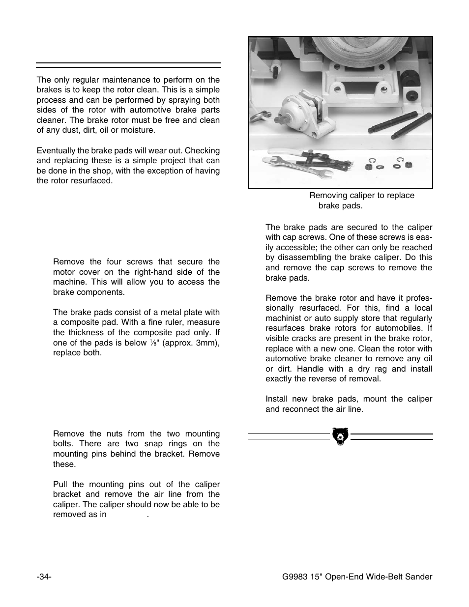Replacing brakes | Grizzly G9983 User Manual | Page 36 / 60