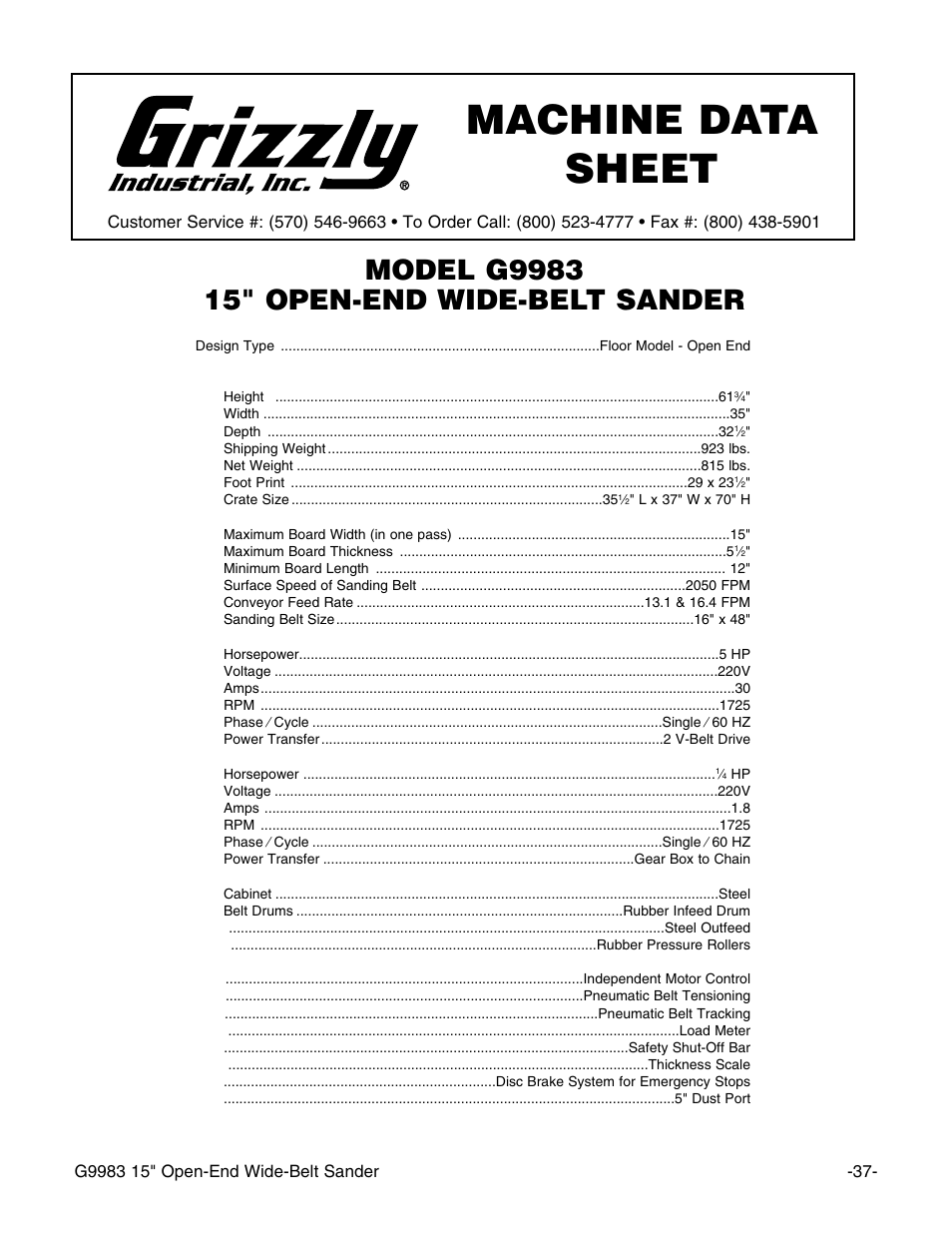 Machine data sheet | Grizzly G9983 User Manual | Page 39 / 60