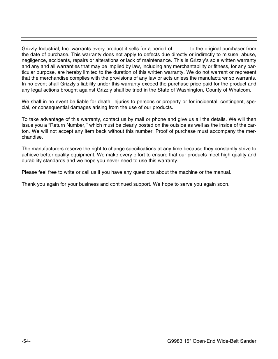 Warranty and returns | Grizzly G9983 User Manual | Page 56 / 60