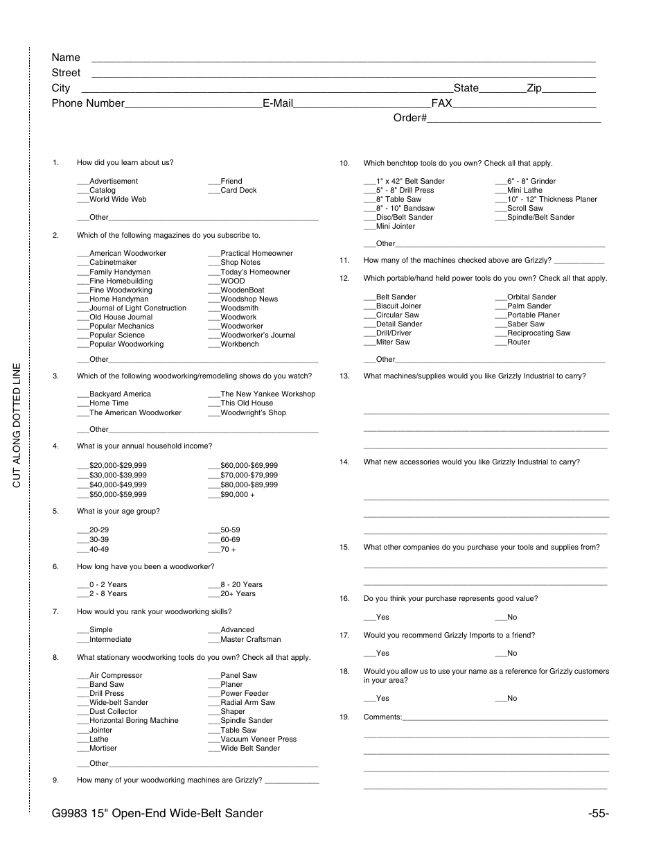 Warranty card, Cut along dotted line | Grizzly G9983 User Manual | Page 57 / 60