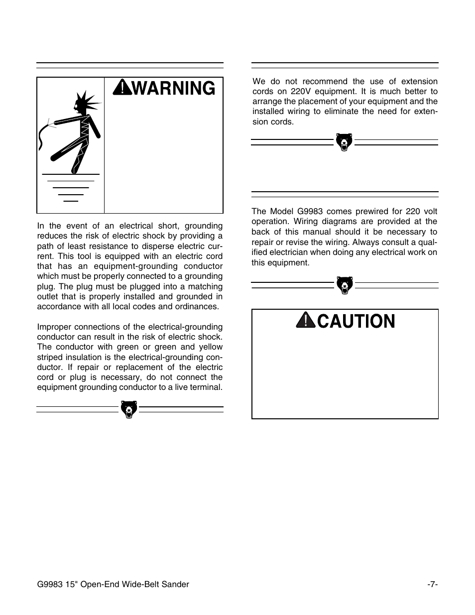 Wiring, Extension cords, Grounding | Grizzly G9983 User Manual | Page 9 / 60