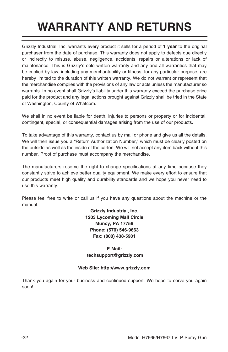 Warranty and returns | Grizzly H7666 User Manual | Page 22 / 24