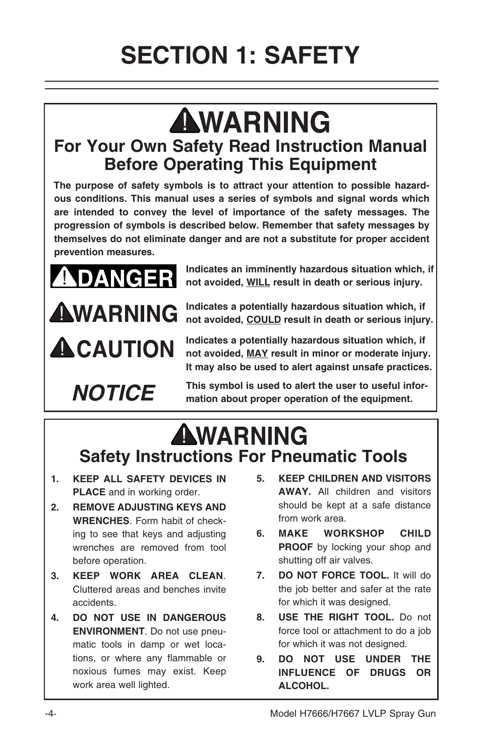Notice, Safety instructions for pneumatic tools | Grizzly H7666 User Manual | Page 4 / 24