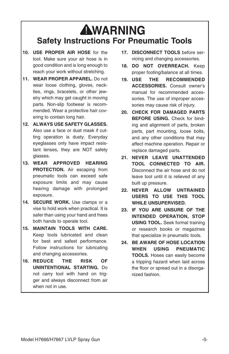 Safety instructions for pneumatic tools | Grizzly H7666 User Manual | Page 5 / 24