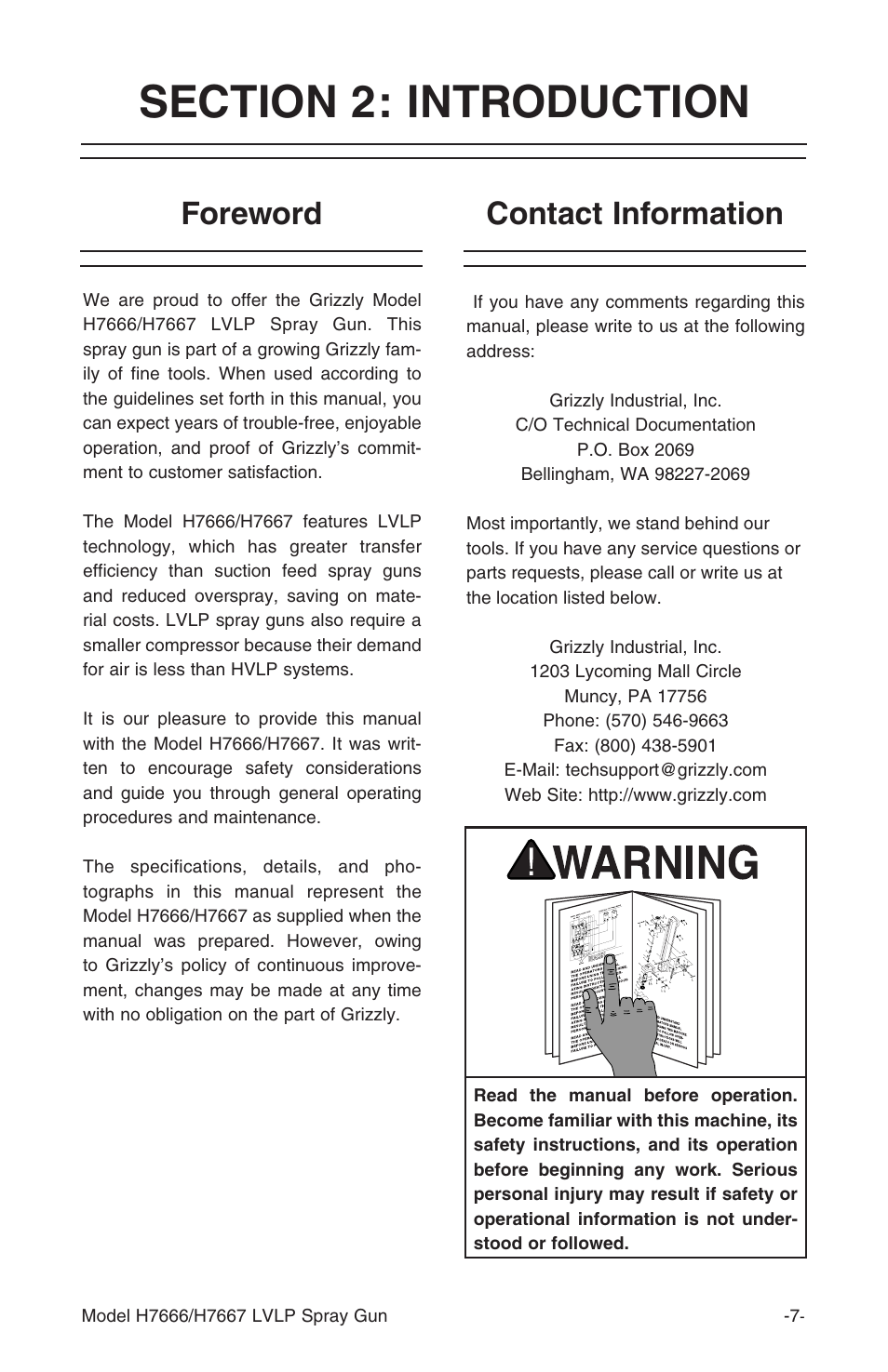 Foreword contact information | Grizzly H7666 User Manual | Page 7 / 24