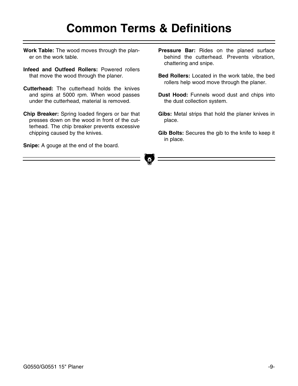 Common terms & definitions | Grizzly Model G0550 User Manual | Page 11 / 56